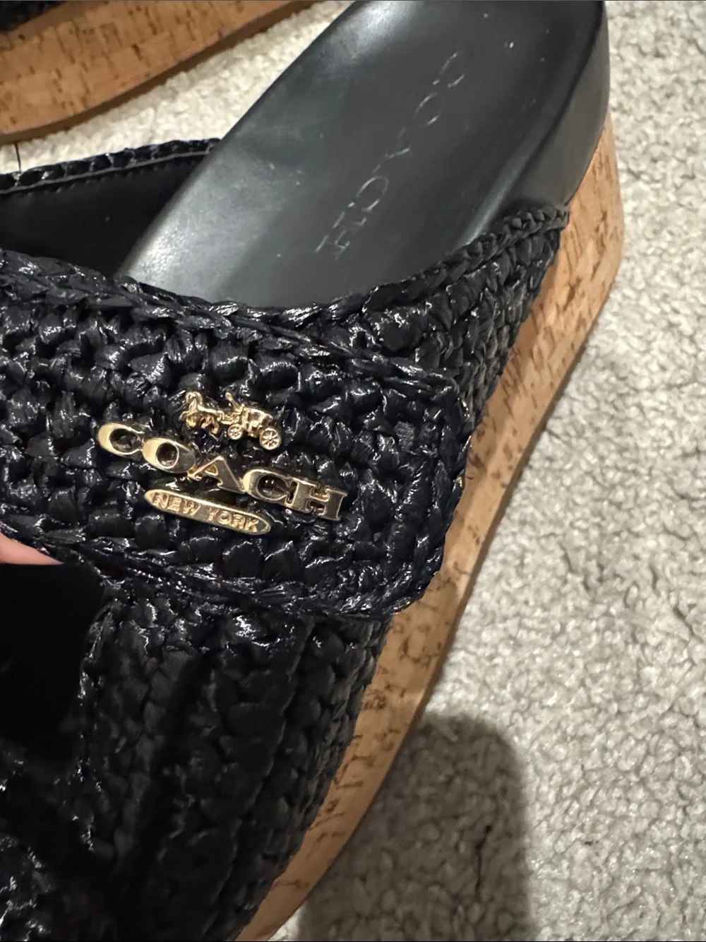 Coach Black Raffia Cork Platform Slide Sandals
